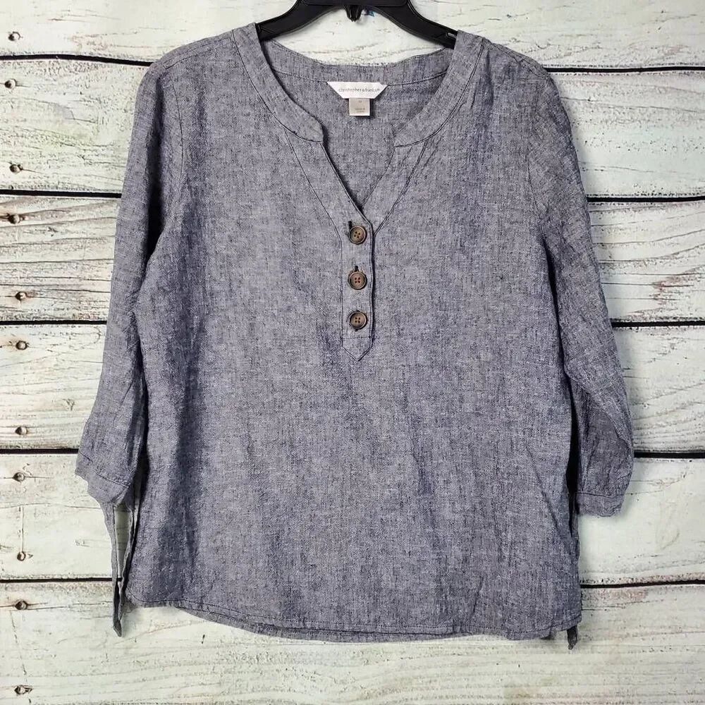 Christopher & Banks Linen Blend Henley Top Medium Blue Chambray 3/4 Sleeve Butto